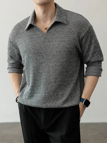 AIDASE  -  Autumn Casual Solid Color Long Sleeve Knit Polo Shirts Trendy Men's Jumper Tops Vintage Turn-down Collar Knitted Mens Polo Shirt aidase-shop